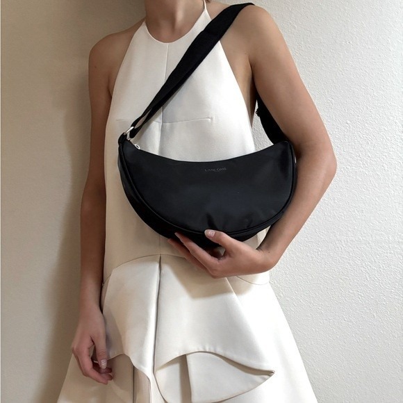 Lancome Handbags - Lancome Black Crescent Nylon Shoulder Bag Adjustable Strap Cosmetic Travel